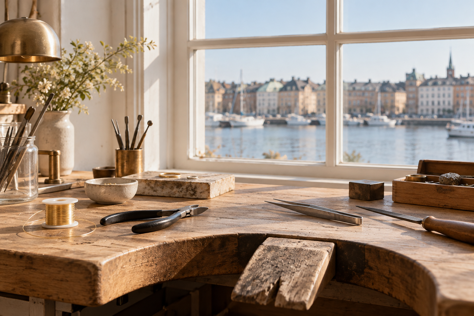 Illustrative jewellery workbench beside a bright window