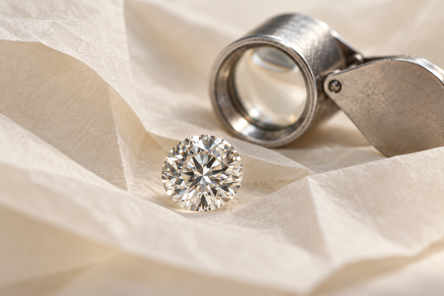 Illustrative loose diamond in folded gem paper beside a loupe