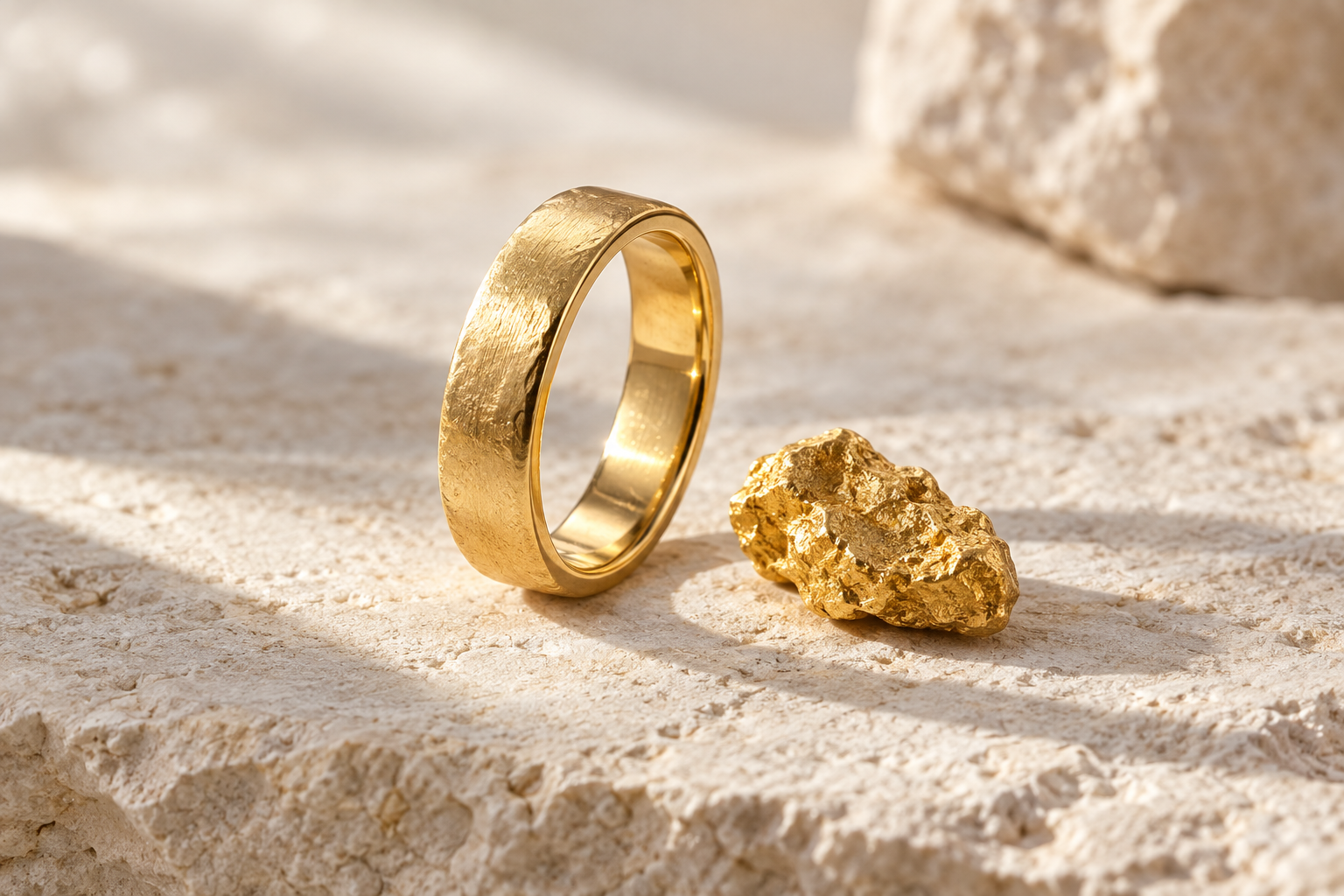 Illustrative yellow-gold band and gold nugget on pale limestone in daylight