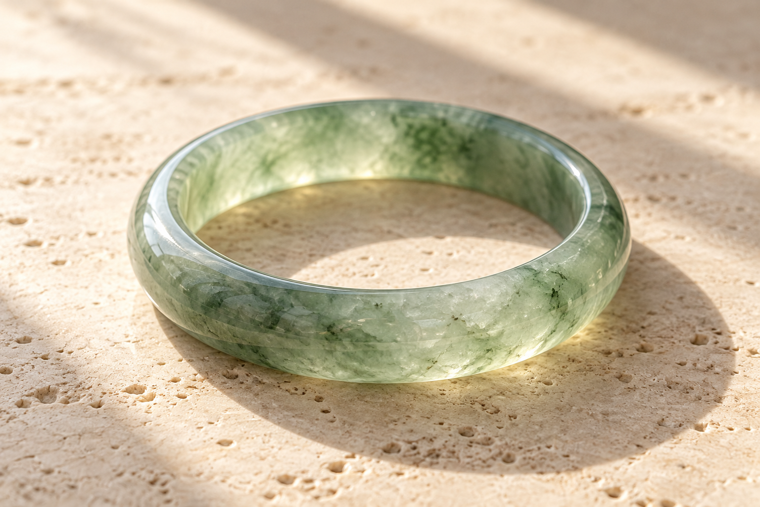 Illustrative green jade bangle on pale travertine