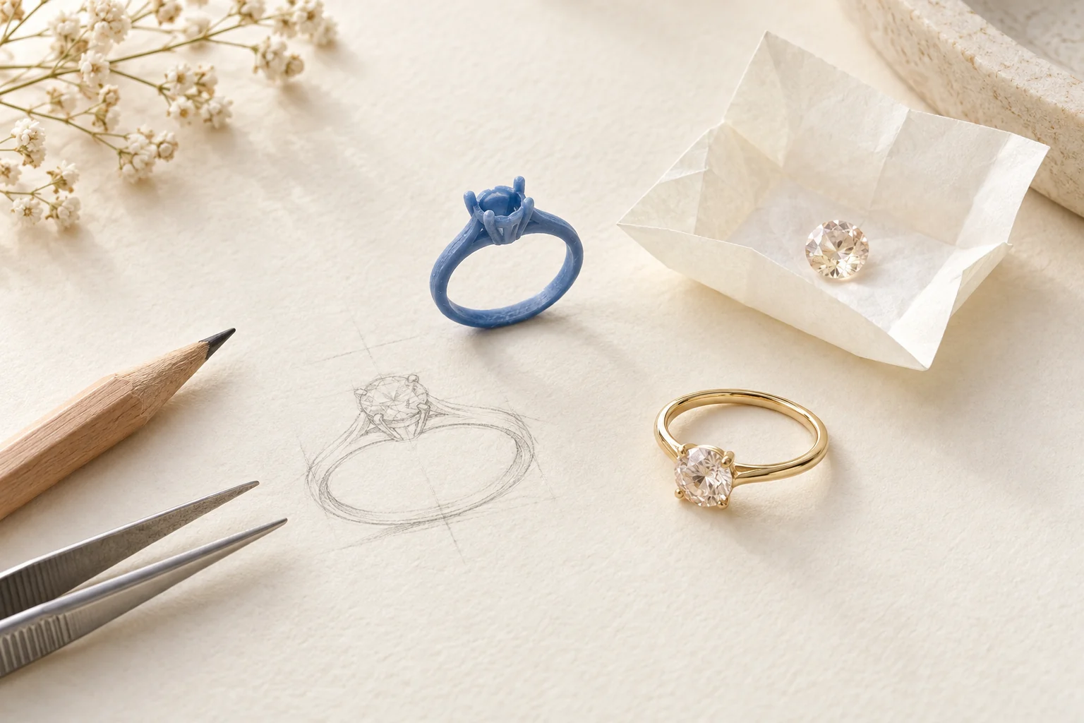 Ring sketch, blue wax model, loose gemstone and finished gold ring on a cream-paper design desk.