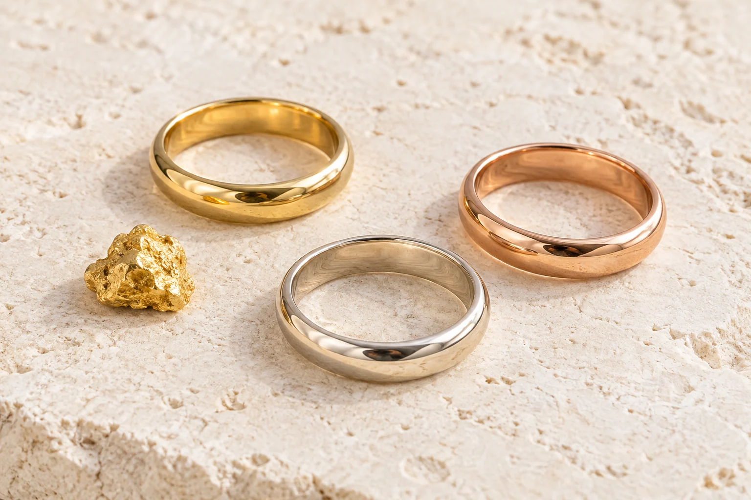 Yellow, rose and white gold bands beside a small gold nugget on pale limestone.