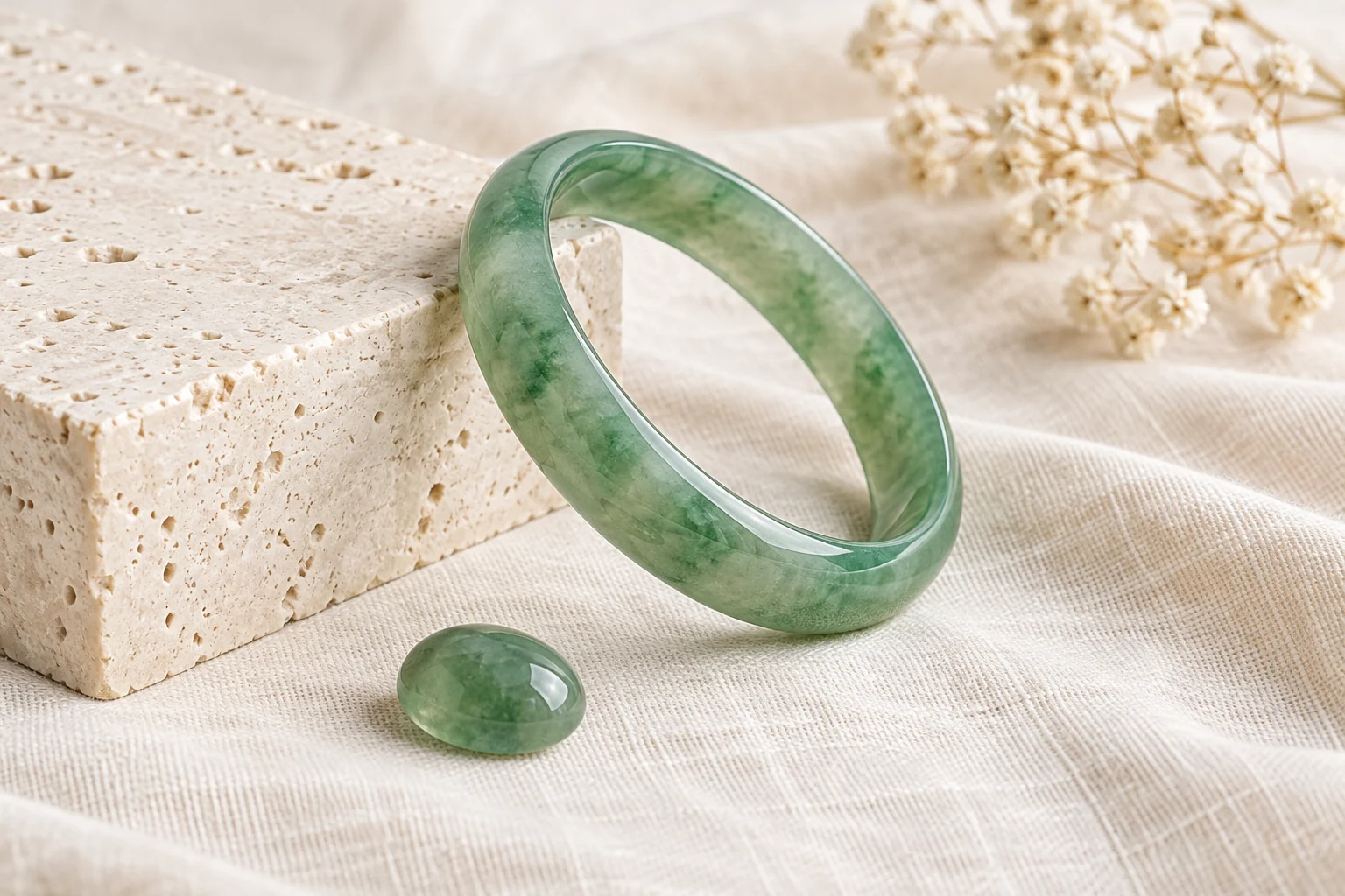 Translucent green jade bangle and oval cabochon on cream linen and pale travertine.