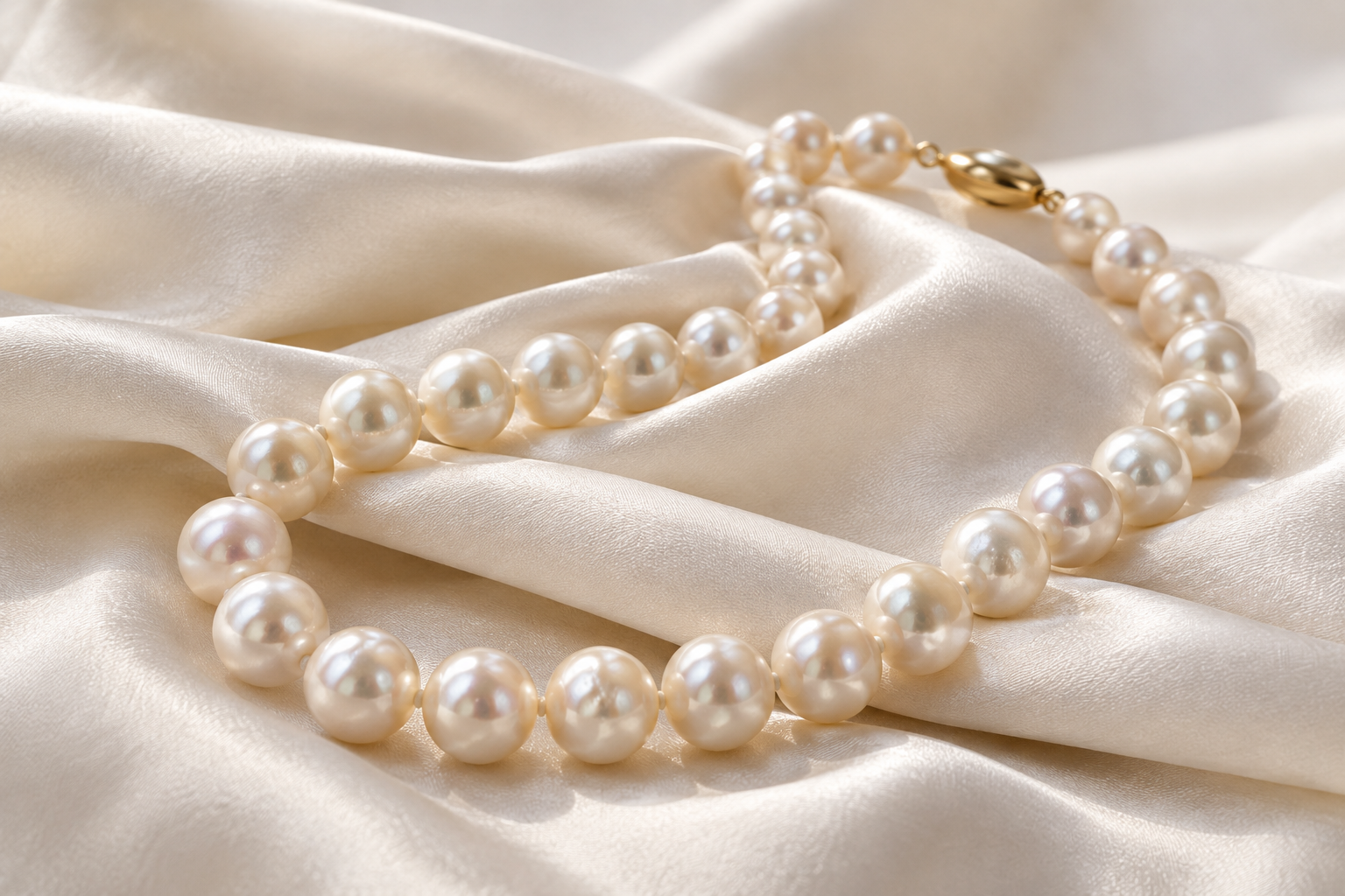 Illustrative cream pearl strand draped over ivory silk