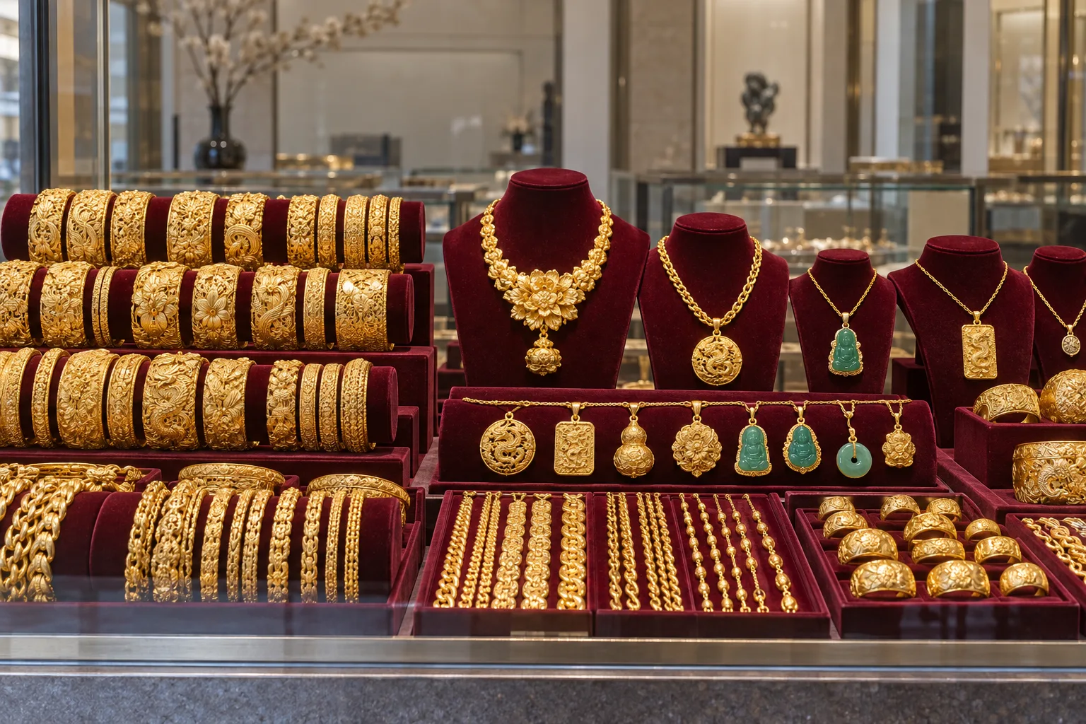 Gold bangles, chains and jade pendants on burgundy velvet in a gold shop window