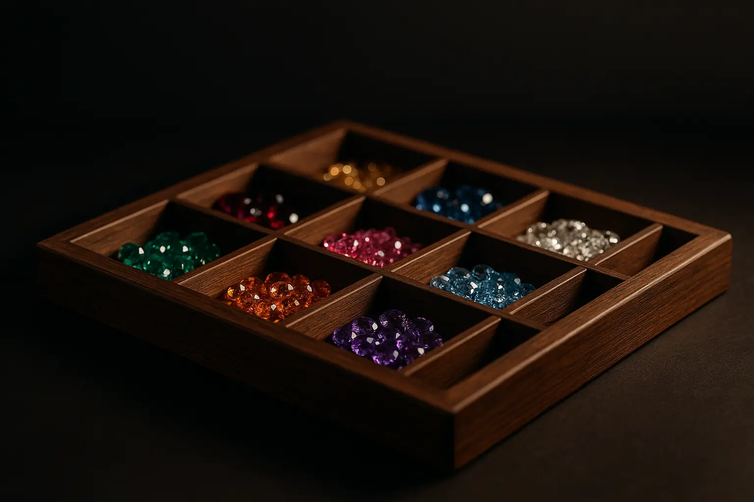 A wooden gemstone sorting tray with small compartments holding assorted loose coloured gemstones