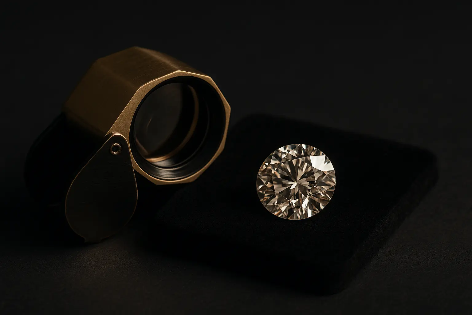 A jeweller's loupe resting beside a loose diamond on a black velvet inspection pad